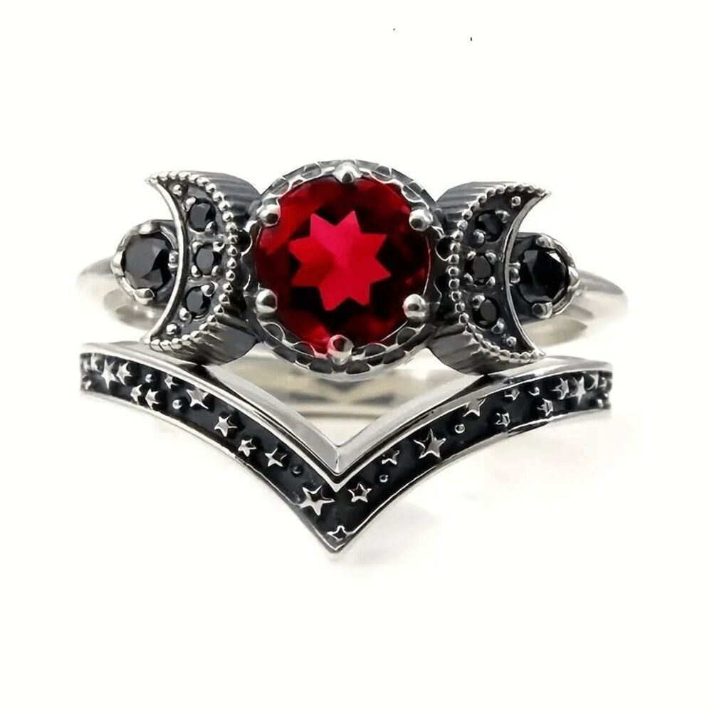 Gothic Universe Moon Star Ruby Ring Set